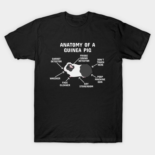 Anatomy of a Guinea Pig: Black and White Abyssinian (White Text) T-Shirt by blacklines